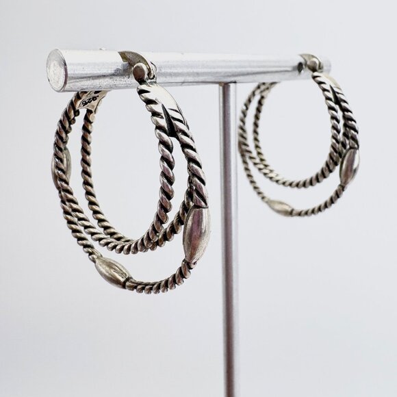 VTG Sterling Silver 925 Twist Design Triple Hoop Earrings Size 1.5" Diameter - Picture 2 of 11